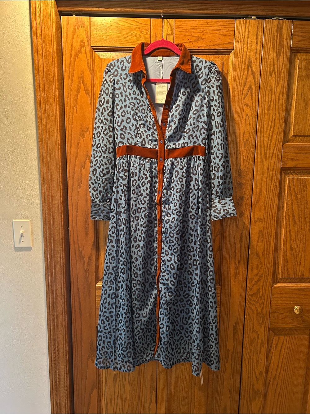 Blue Leopard Print Maxi Dress with Rust Trim